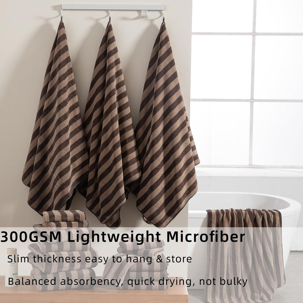 18 Pcs Brown Cabana Stripe Bath Towel Set with Hanging Loop-6 Bath Towels,6 H...