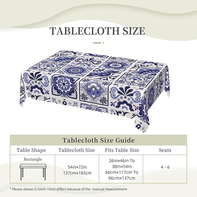 Talavera Mexican Tiles Tablecloth Navy Blue Flowers Leaves Hearts and Swirls - Image 3