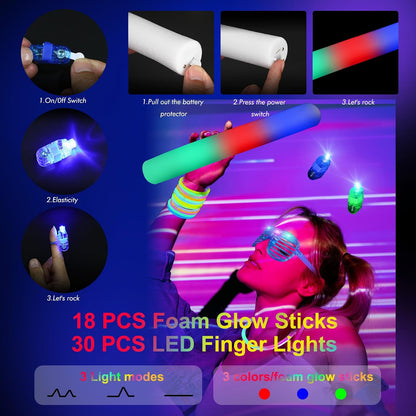 OLUPP 282 PCS Glow in the Dark Party Supplies, 18 Foam Sticks, 18 LED Glasses, 200 Glow Sticks, 30 Finger Lights, 8 Bunny Ear Headband and 8 LED Cat Ear Headband for Birthday,Halloween,New Year