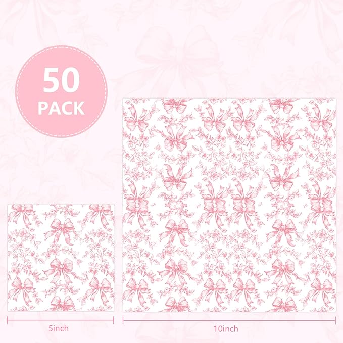 50 Pcs Pink Bow Napkins Coquette Party Supplies Pink Floral Disposable Cocktail - Image 2