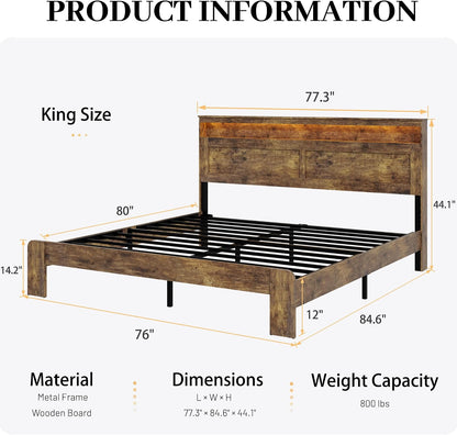king size wooden bed frame with headboard, rustic shown in use