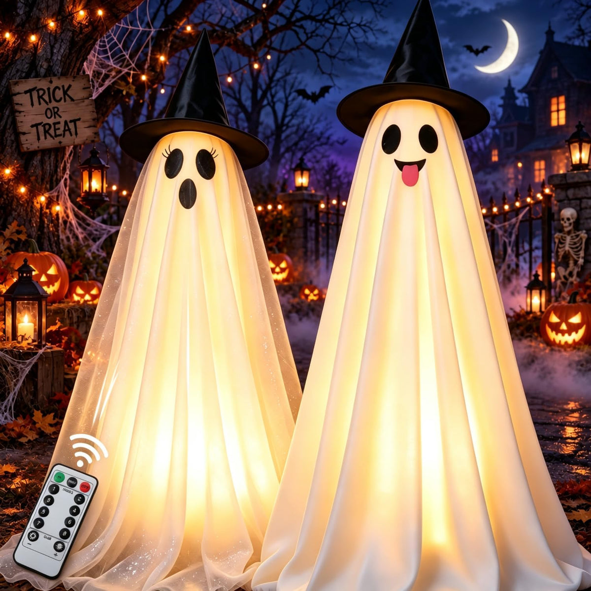 Halloween Decorations Outdoor & Indoor Decor - 2 Pack 59-inch Remote Control Spooky Ghost String Lights with Witch Hats, Halloween Lights for Porch, Yards, Patio, Garden Lawn, Party