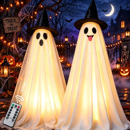 Halloween Decorations Outdoor & Indoor Decor - 2 Pack 59-inch Remote Control Spooky Ghost String Lights with Witch Hats, Halloween Lights for Porch, Yards, Patio, Garden Lawn, Party