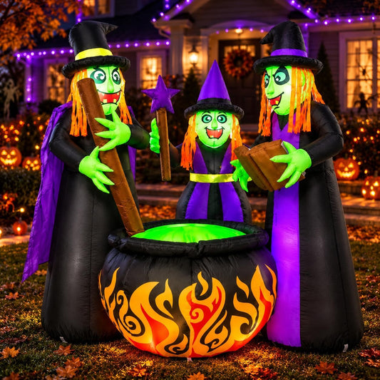 6 FT Halloween Inflatables 3 Witches Around Cauldron Outdoor Decorations, Scary Blow Ups with Build-in LED Lights, Yard Garden Decoration for Halloween Party Indoor Outdoor