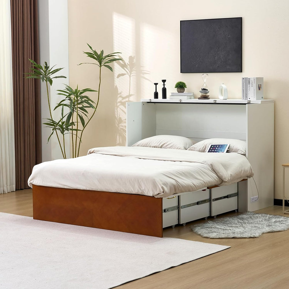 VINGLI Full Murphy Bed with Storage Drawer,2 Charging Station,Rustic & Sc...