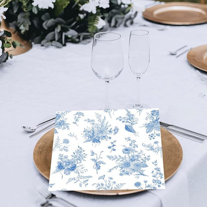 100 Pack Blue Floral Cocktail Napkins Blue and White Floral Toile Paper Napkins - Image 7