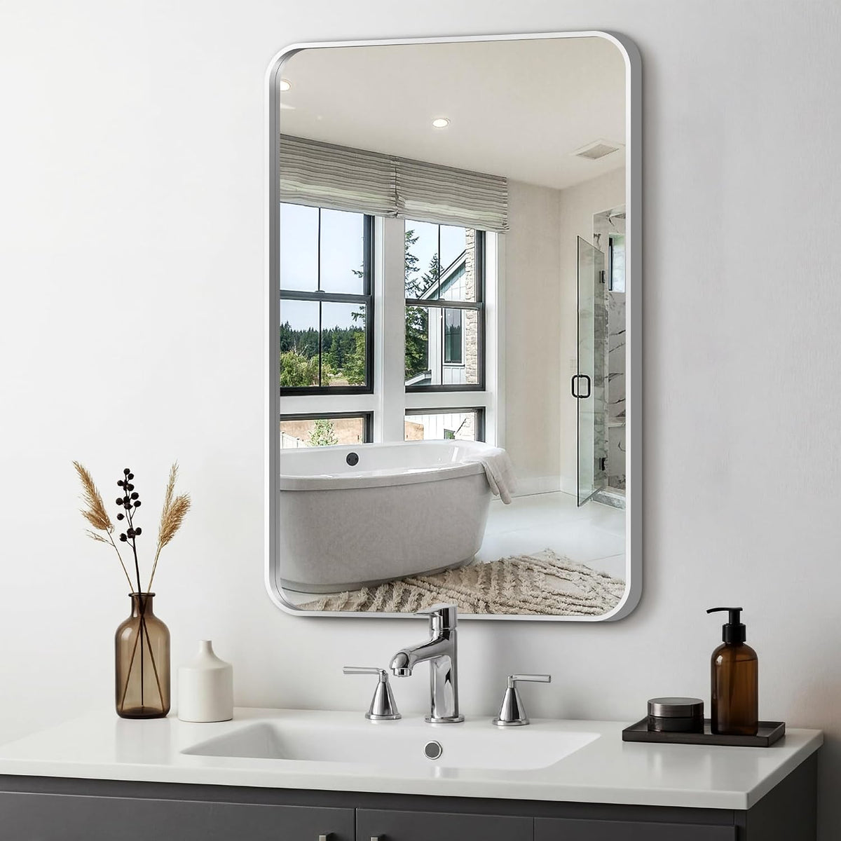 delma bathroom vanity mirror, silver framed mirror for, main product view