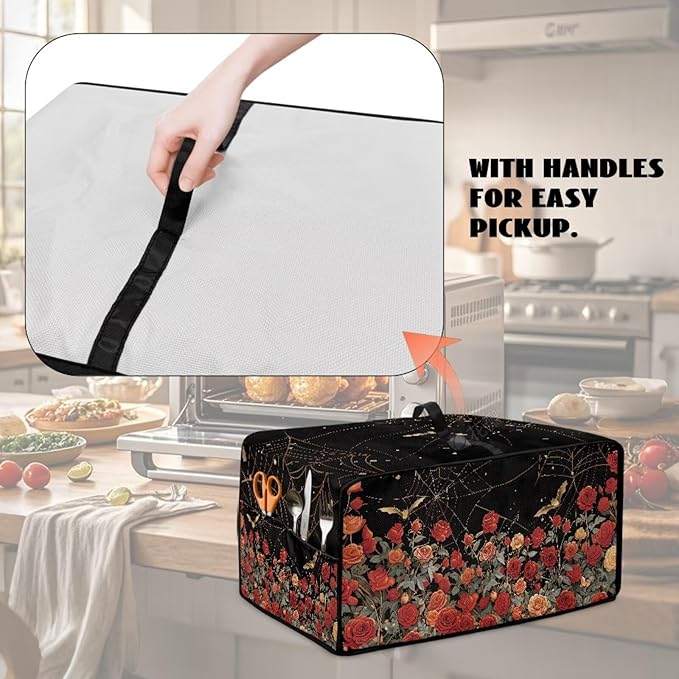 Red Rose Bat Cobweb Print Microwave Oven Dust Cover Polyester-Linen Fabric Dust - Image 5