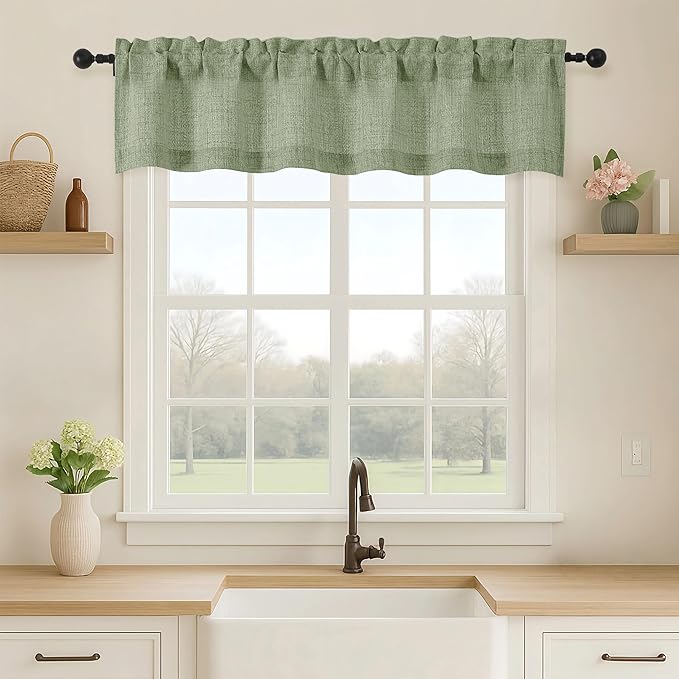 OVZME Green Valance for Windows, Light Filtering Faux Linen Textured Small by OVZME