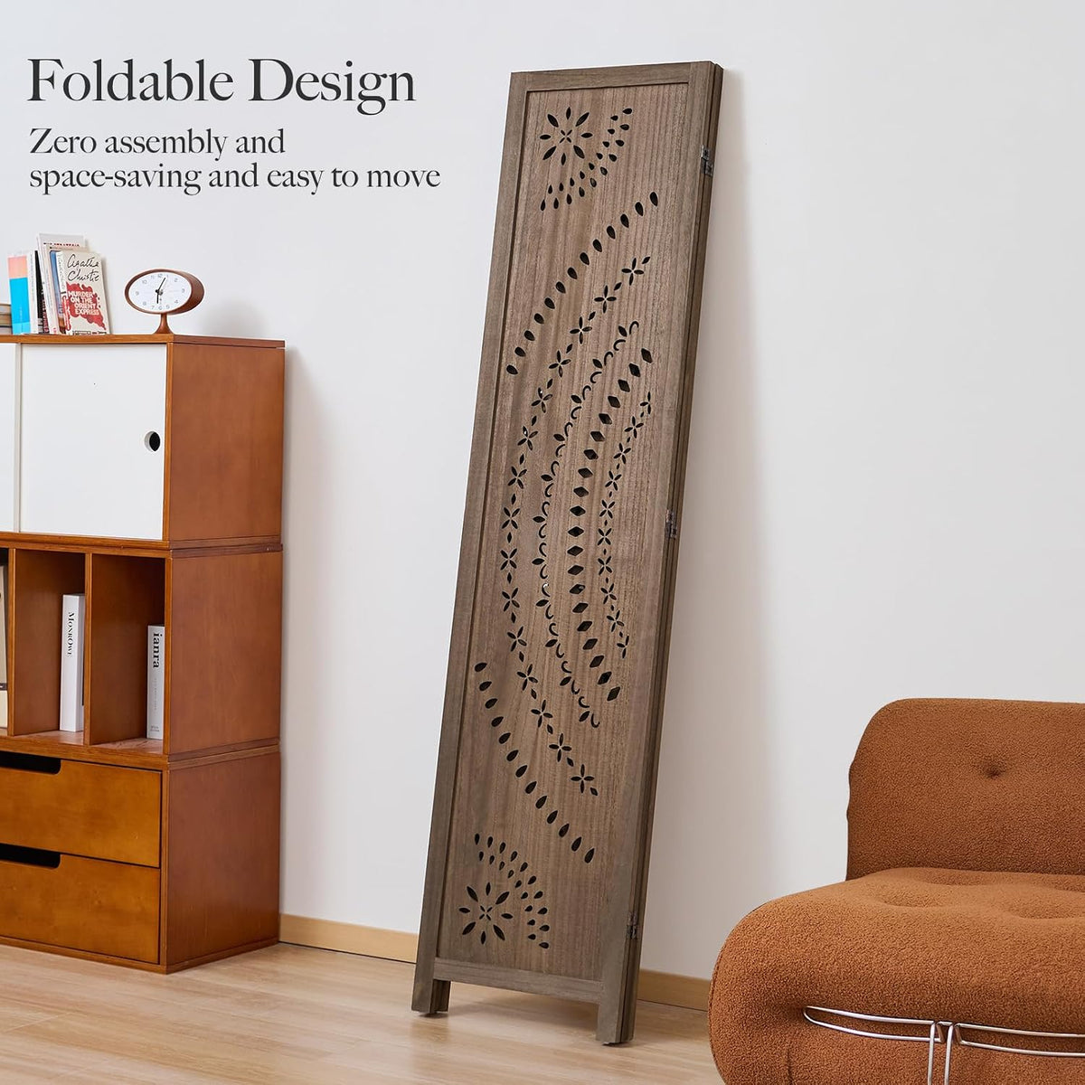 66.9inch folding room divider, 3 panels wood carved, package contents