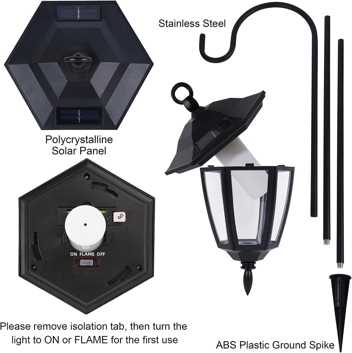Dynaming 4 Pack Solar Flame Hanging Lights Outdoor, Halloween Solar Flickering Flame LED Garden Lanterns with 4 x 38 Inch Shepherd Hooks, Christmas Lighting for Lawn Patio Yard Pathway Driveway