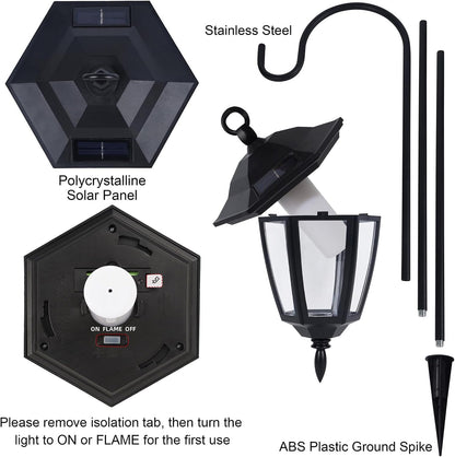 Dynaming 4 Pack Solar Flame Hanging Lights Outdoor, Halloween Solar Flickering Flame LED Garden Lanterns with 4 x 38 Inch Shepherd Hooks, Christmas Lighting for Lawn Patio Yard Pathway Driveway