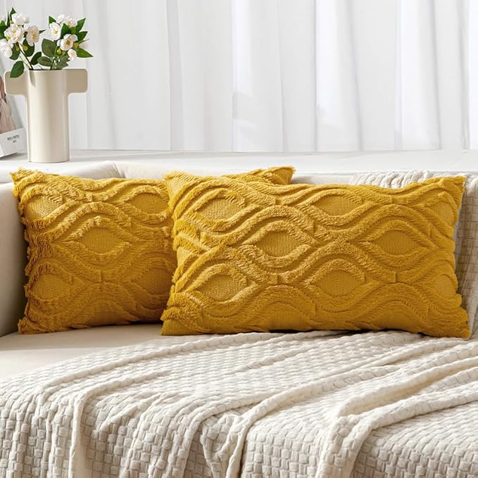 MIULEE Mustard Yellow Fall Throw Pillow Covers 12x20 Inch, Soft Plush Faux Wool by MIULEE