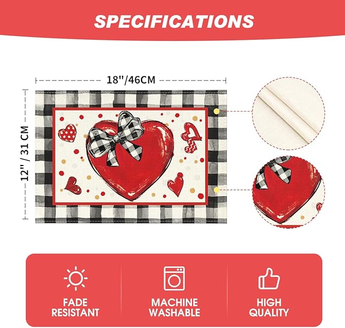 Artoid Mode Buffalo Plaid Red Heart Valentine Placemats Set of 4, 12x18 Inch - Image 5