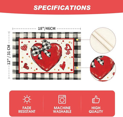 Artoid Mode Buffalo Plaid Red Heart Valentine Placemats Set of 4, 12x18 Inch - Image 5