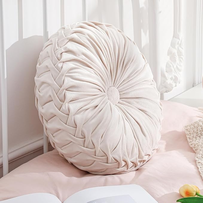 1 Pcs Round Throw Pillows Decorative Velvet Pleated Throw Pillows 15'' Diameter by Drydiet