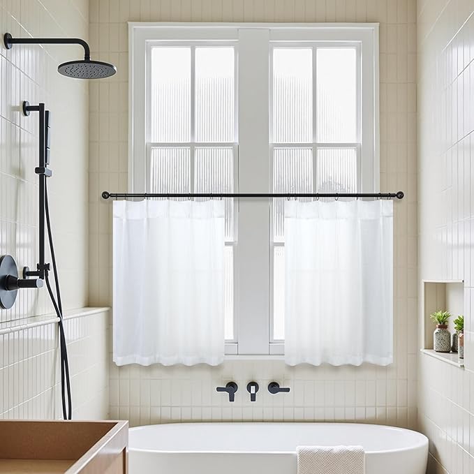 White Kitchen Curtains 30 Inch Length Back Tab Light Filtering Linen Semi Sheer - Image 6