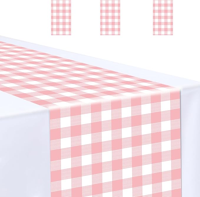 3 Pcs Light Pink and White Checkered Table Runner Plastic 14 x 108 Disposable by MUNILAIL