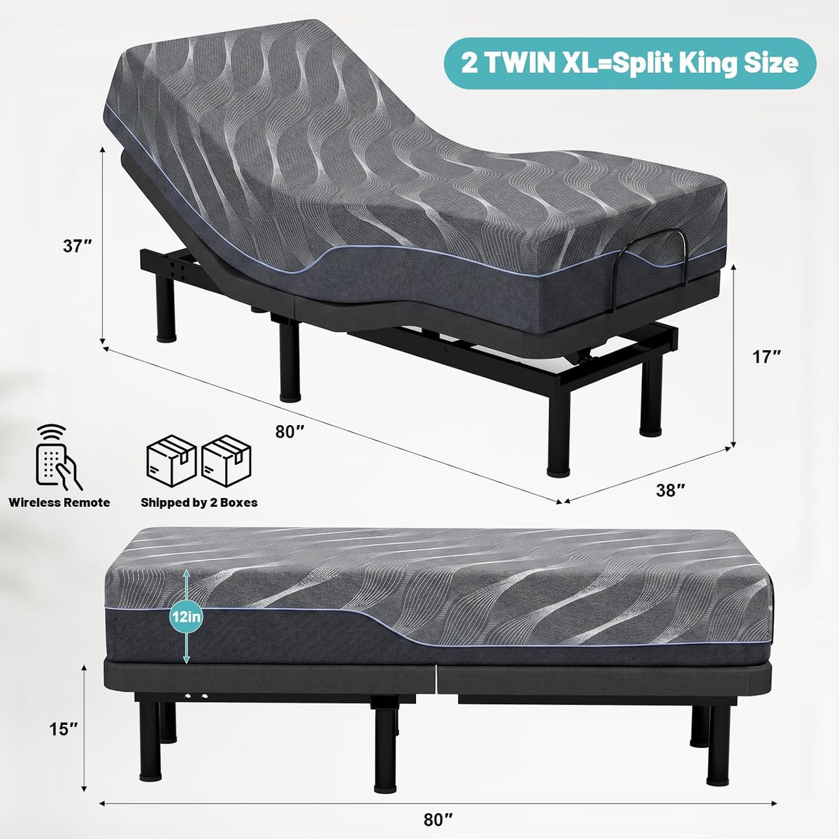 premium split king adjustable bed frame with 12" shown in use