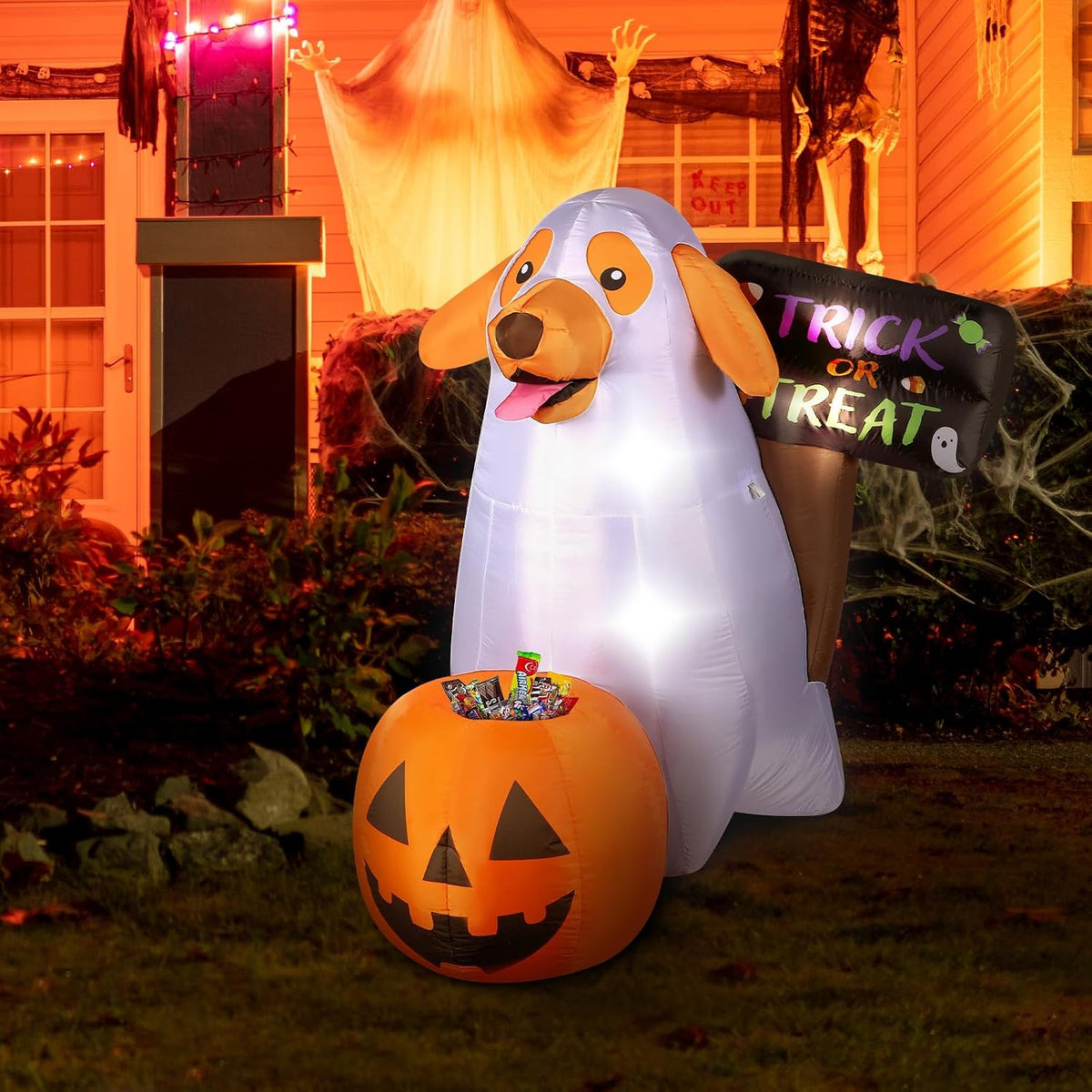 Halloween Inflatables Ghost Dog 4 FT Inflatable Halloween Dog with a Pumpkin Candy Holder Built-in LEDs Trick or Treat Yard Sign for Home Lawn Garden Party Indoor Outdoor Halloween Decor
