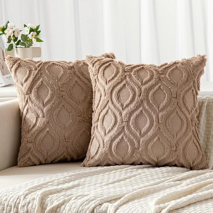 MIULEE Light Brown Throw Pillow Covers 16x16 Inch, Soft Winter Plush Faux Wool by MIULEE