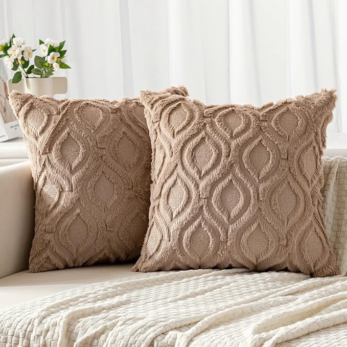 MIULEE Light Brown Throw Pillow Covers 18x18 Inch, Soft Winter Plush Faux Wool by MIULEE