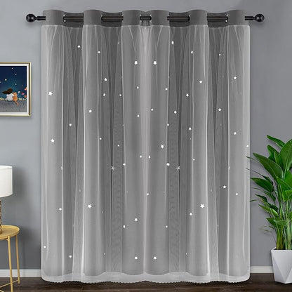 Kinryb Star Cut-Out Grey Blackout Curtains Heavy Duty Double Layer Blackout - Image 2
