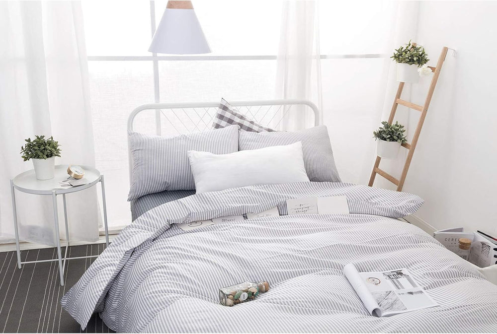 Wake In Cloud - Striped Cotton Duvet Cover Set, Ticking Stripe Pinstripe Farm...