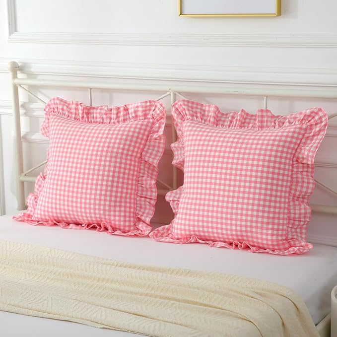 2 Pack Vintage Light Pink Plaid Ruffle Throw Pillow Covers, Washed Cotton - Image 8