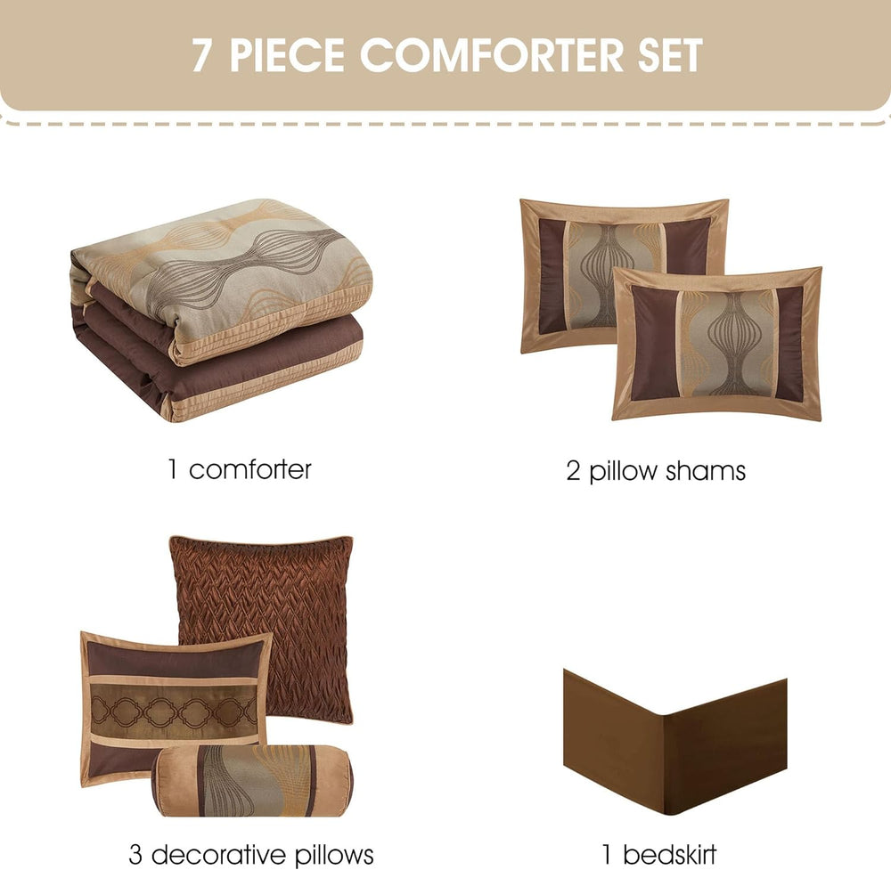 Elagant Jacquard Brown Comforter Set, Size California King, 7 Piece Bed in a ...