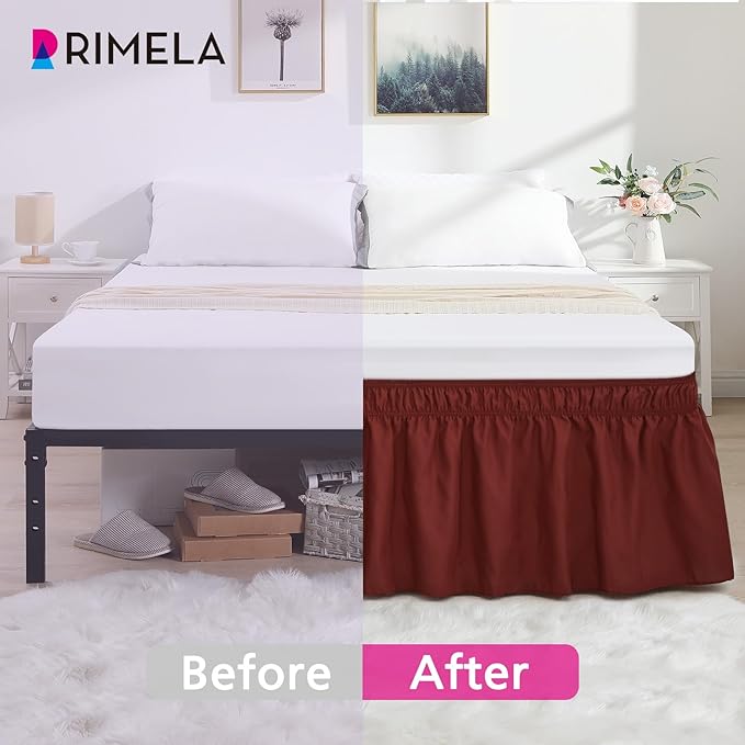 RIMELA Wine Red Bed Skirt King Size 15 Inch Drop, Elastic Bed Skirting - Image 2