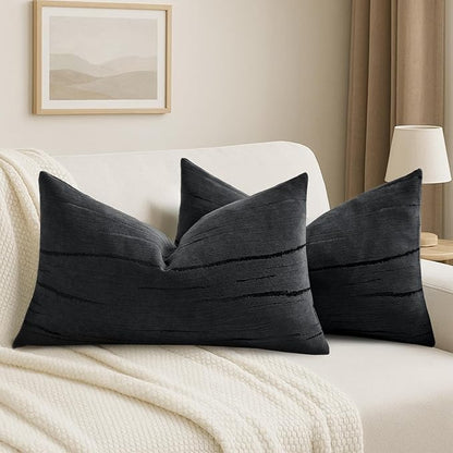 HAUSSY Black Throw Pillow Covers 12x20 Inch Set of 2, Boho Embossed Striped by HAUSSY
