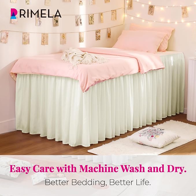 RIMELA Dorm Bed Skirt Twin XL 46 Inch Drop, Cream Bedskirt Solid Silky Fabric - Image 2