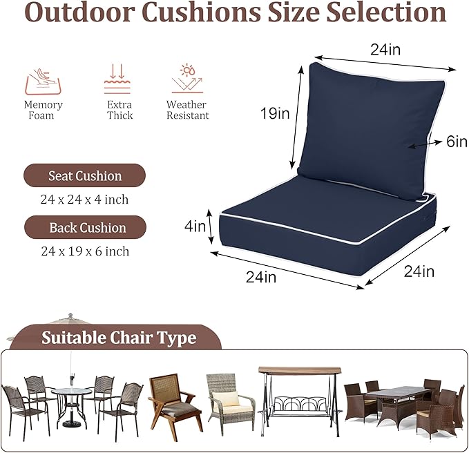 Outdoor Deep Seat Cushions for Patio Furniture Set of 2, Waterproof Outdoor - Image 2