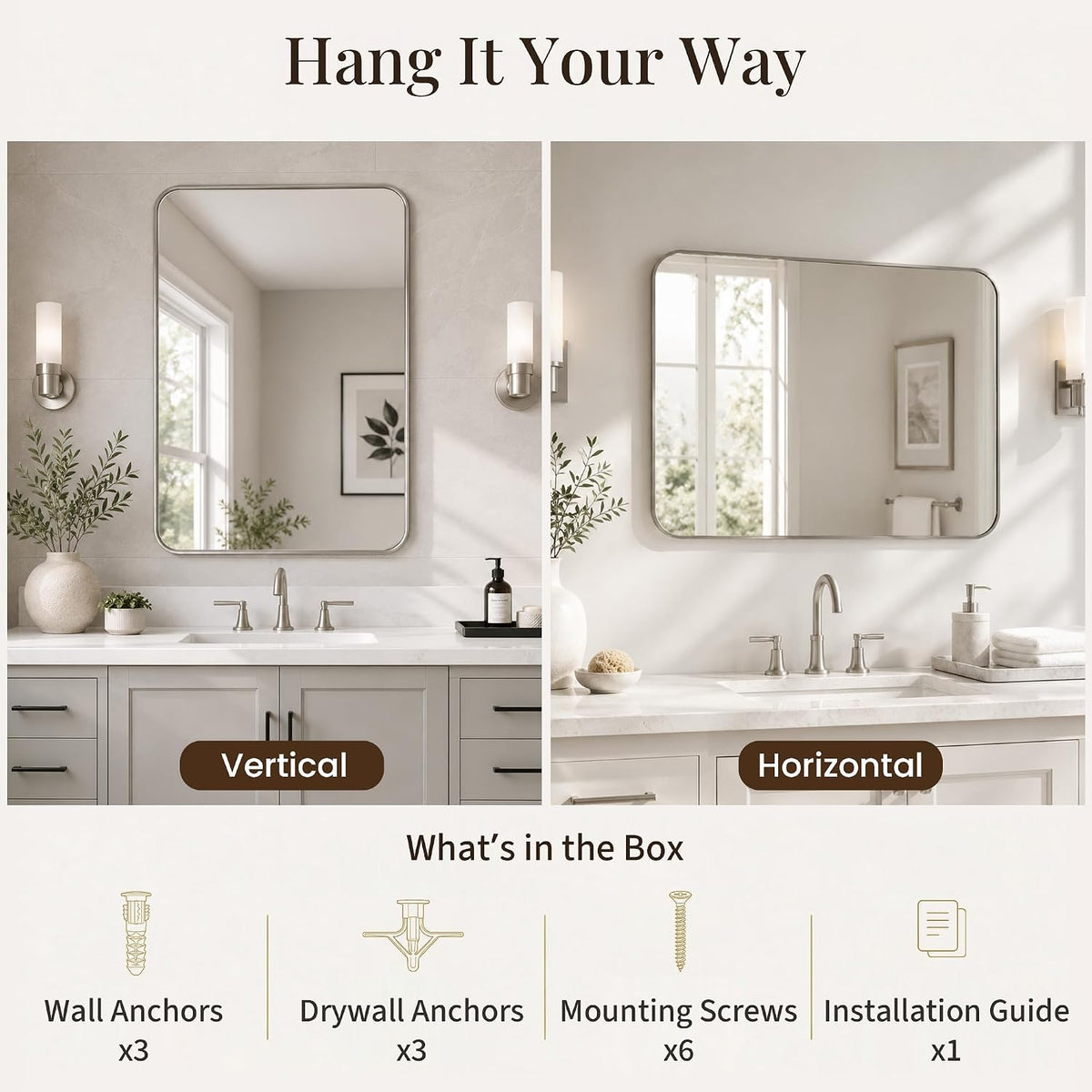 24x36 inch brushed nickel rounded rectangle bathroom vanity on a desk or shelf