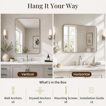 24x36 inch brushed nickel rounded rectangle bathroom vanity on a desk or shelf
