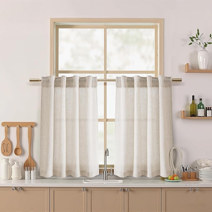 Nanspring Kitchen Curtains Linen 36 Inch Length Beige Farmhouse Small Cafe by Nanspring