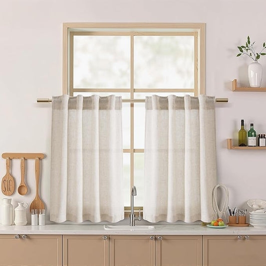 Nanspring Kitchen Curtains Linen 36 Inch Length Beige Farmhouse Small Cafe by Nanspring