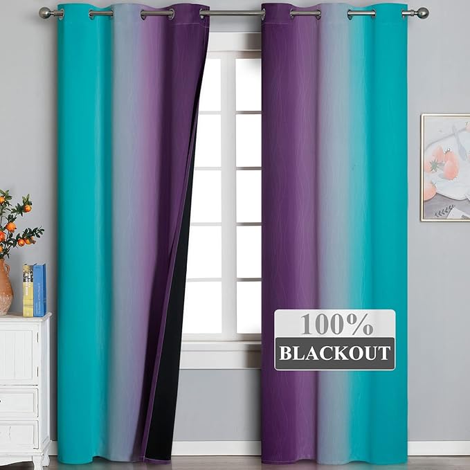 Teal Blackout Curtains 84 Inches Long, Ombre Purple Blackout Curtains - Image 2