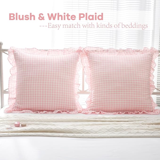 2 Pack Blush White Plaid Ruffle Gingham Euro Shams Pillow Covers, 100% Washed - Image 2