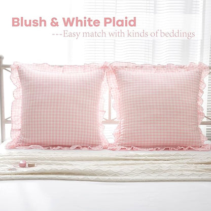 2 Pack Blush White Plaid Ruffle Gingham Euro Shams Pillow Covers, 100% Washed - Image 2