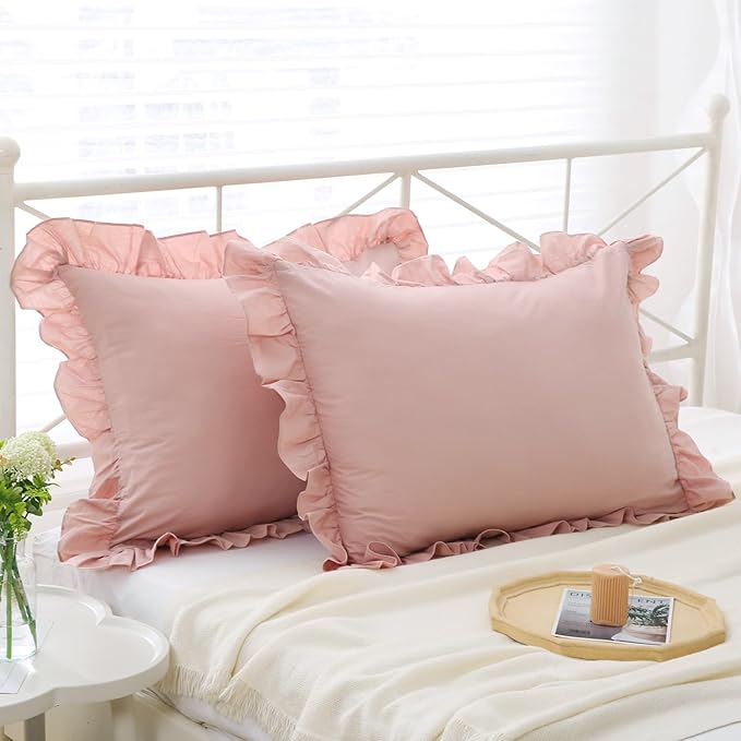 Ruffle Pillowcases Farmhouse Pillow Shams Standard Set of 2, Shabby Dusty Pink - Image 2