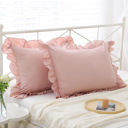 Ruffle Pillowcases Farmhouse Pillow Shams Standard Set of 2, Shabby Dusty Pink - Image 2