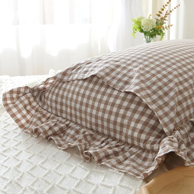 Taupe/White Plaid Ruffle Pillowcases Farmhouse Standard Size Pillow Shams - Image 4