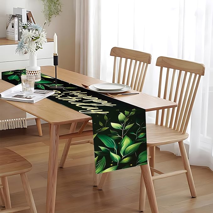 Happy Birthday Table Runner – Green Leaf and Gold Lettering Party Table Decor – - Image 8