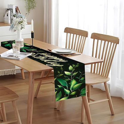Happy Birthday Table Runner – Green Leaf and Gold Lettering Party Table Decor – - Image 8