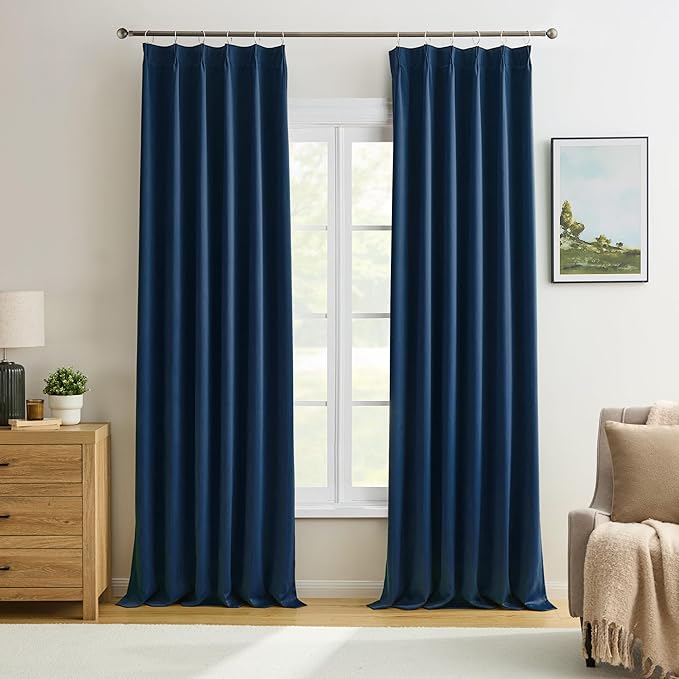 Navy Blue Blackout Pinch Pleated Curtains by KEQIAOSUOCAI