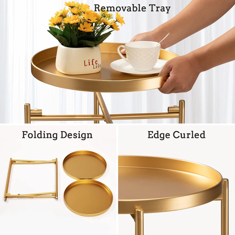 TeoKJ 2 Tier Gold Side Table, Folding Round Metal End Table Small Nightstand ...