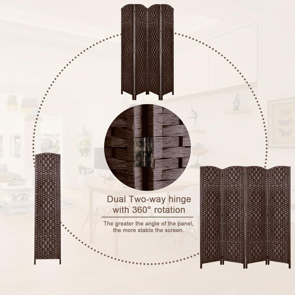 rhf room divider panel,partition room dividers,3panel privacy screen,brown showing dimensions