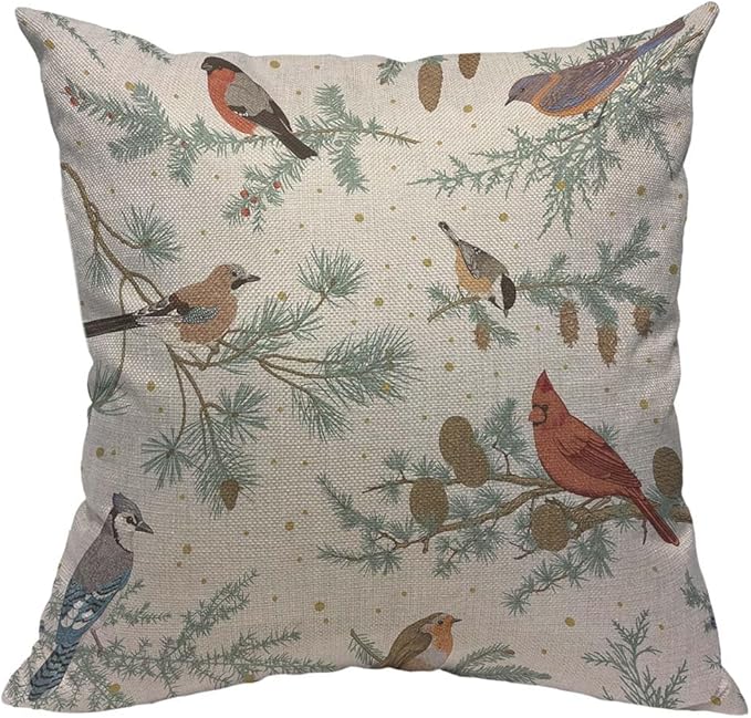 TKS MITLAN Winter Birds Pillow Covers 18 x 18 Inch Green Botanical Sparrow Red by TKS+MITLAN